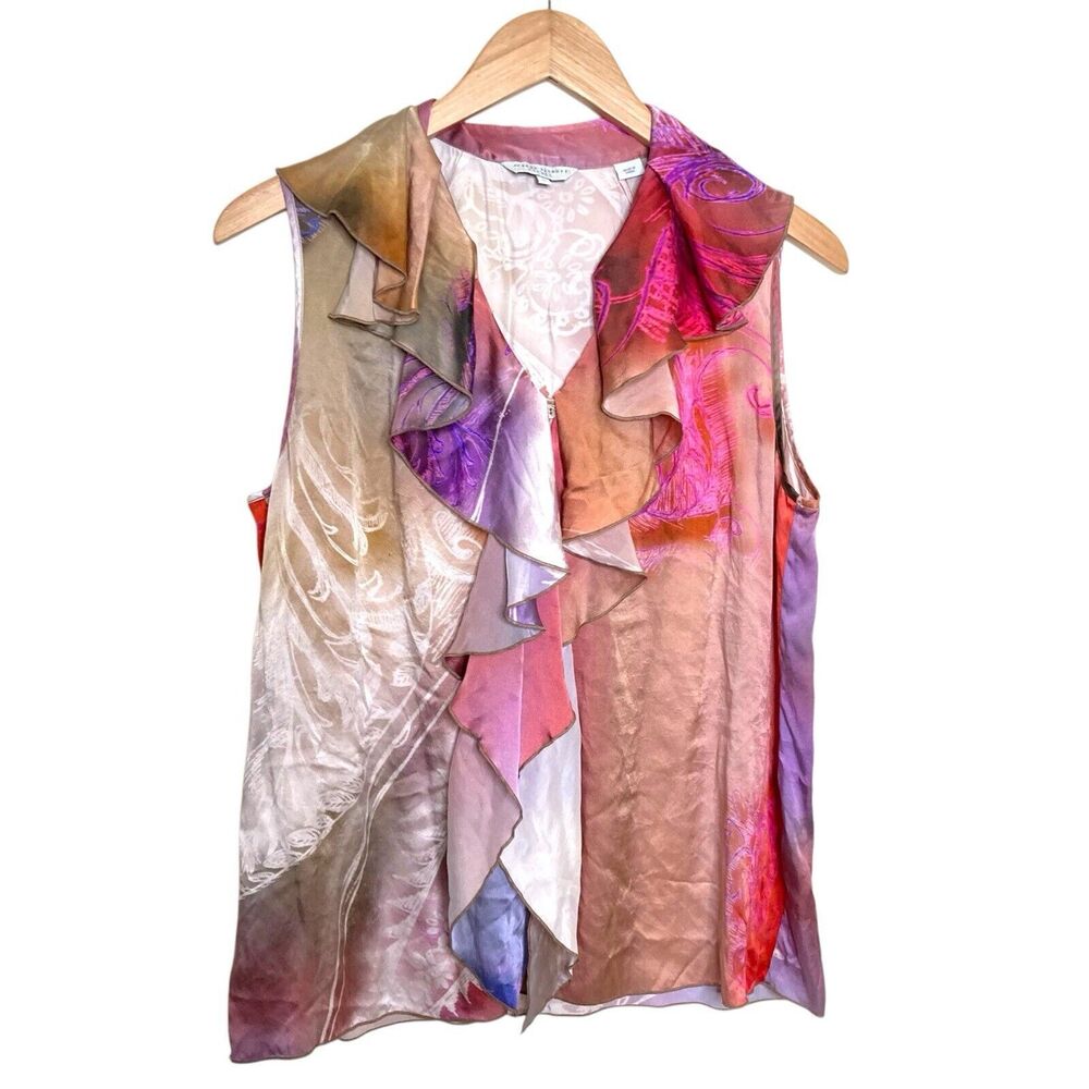 Audrey Talbott Carmel Silk Ruffle Blouse 12 Multicolor Abstract Print Boho Top